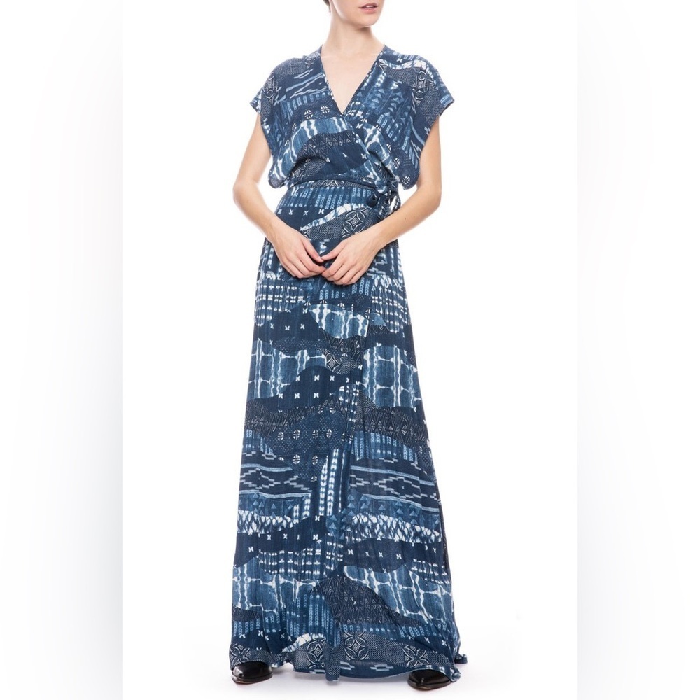 Nwt Tysa Garbo Indigo Seas Blue White Patchwork Print Maxi Wrap Dress Size 2